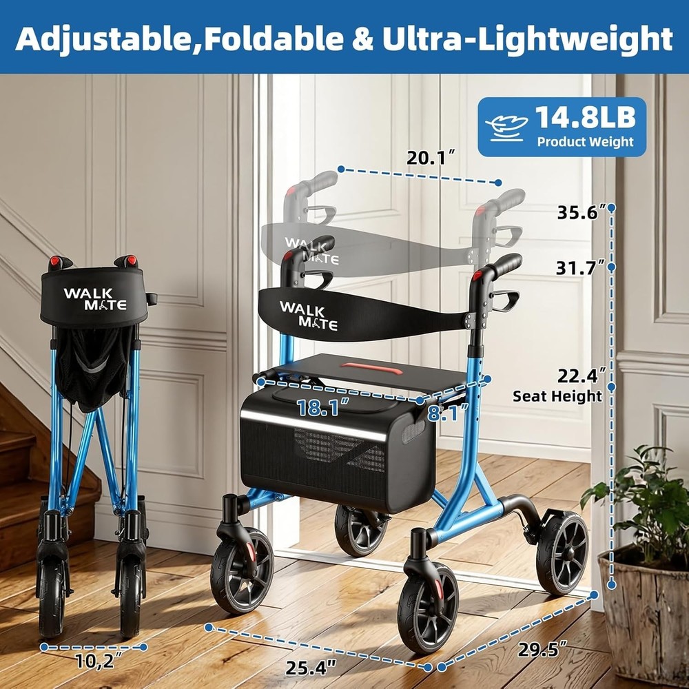 Adjustable Height Rollator Walker for Seniors - Blue