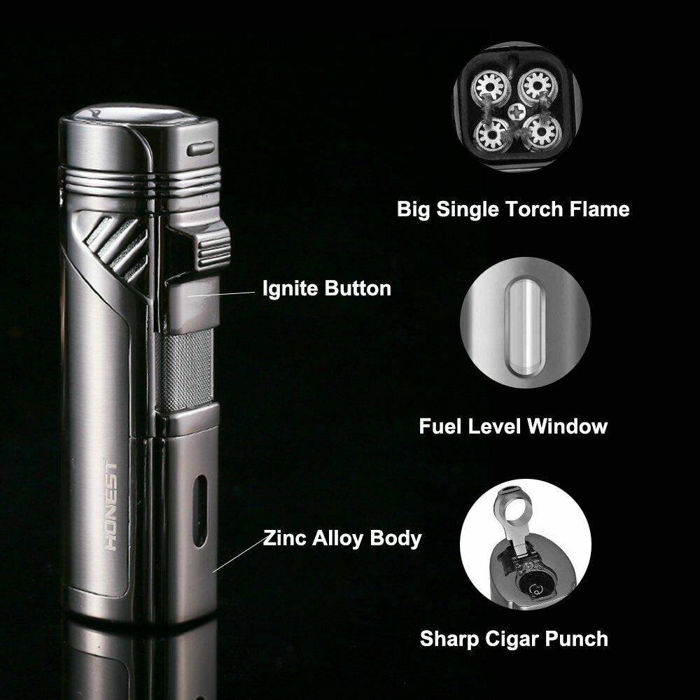 Torch Lighter 4 Jet Flame Refillable Butane Cigar Lighter with Cigar Punch box
