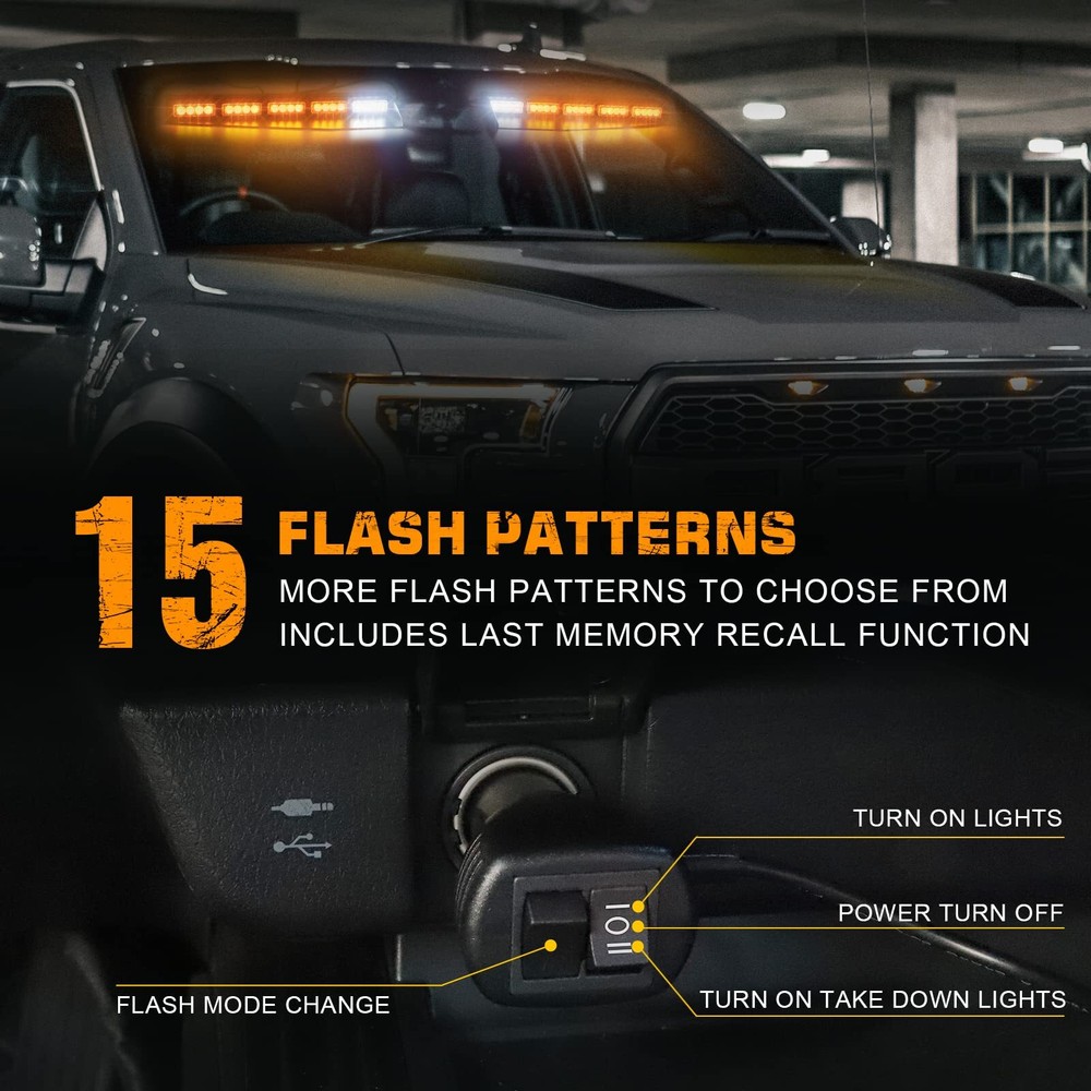 34" 40 LED Emergency Strobe Visor Lights Bar W/ Takedown Flash Windshield Amber