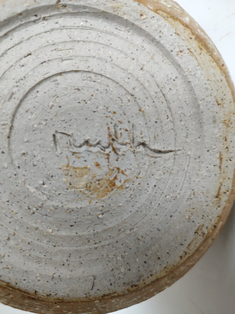 Art pottery pitcher Unusual applied overlapping handles 7" Signed