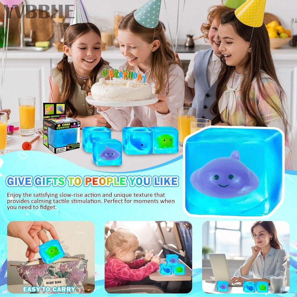 Blue Squeeze Cube with Luminous Devil Fish Inside, Squishy Stress Fidget Gummy