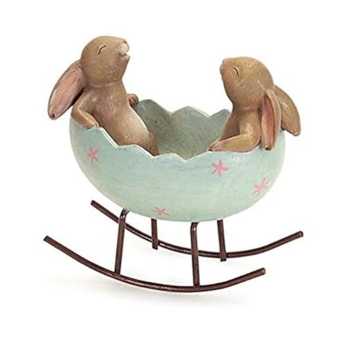 KiaoTime Laughing Bunny Rabbits Rocking in an Easter Egg Cradle - Spring Easter