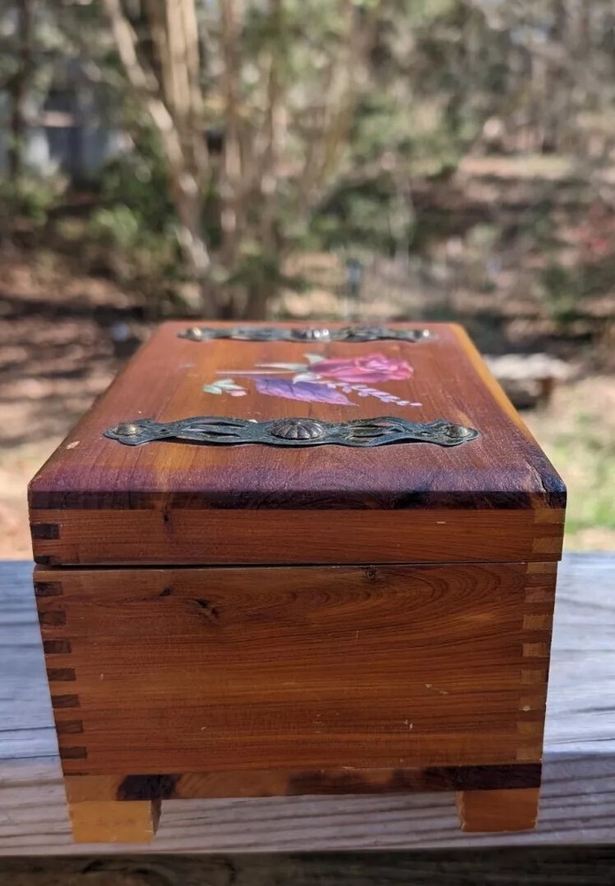 Mini Cedar Chest With Rose Design Vintage Well Kept