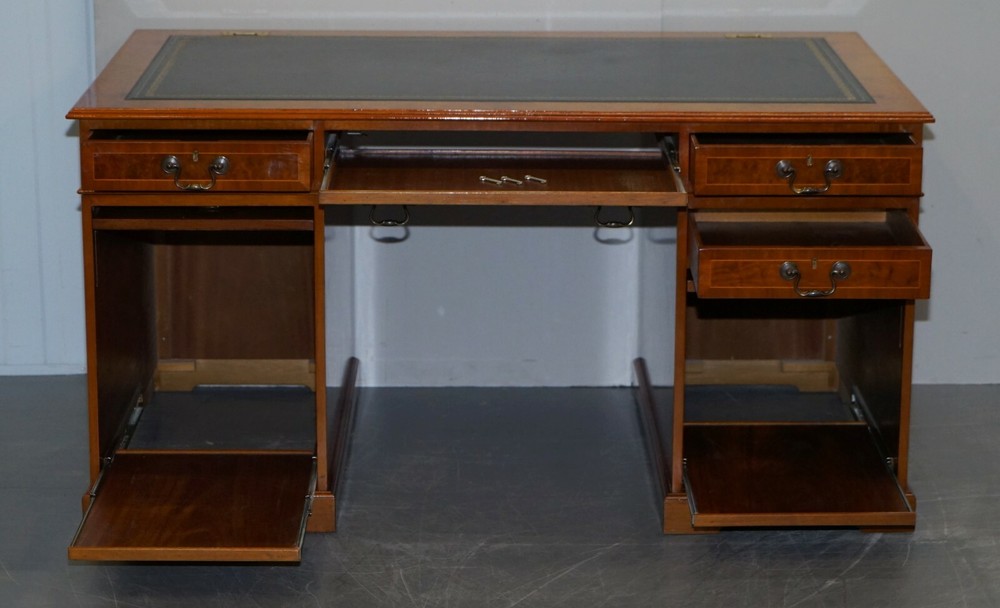 BURR WALNUT PARTNER DESK SPECIALLY DESIGNED TO HIDE & HOUSE COMPUTER EQUIPMENT