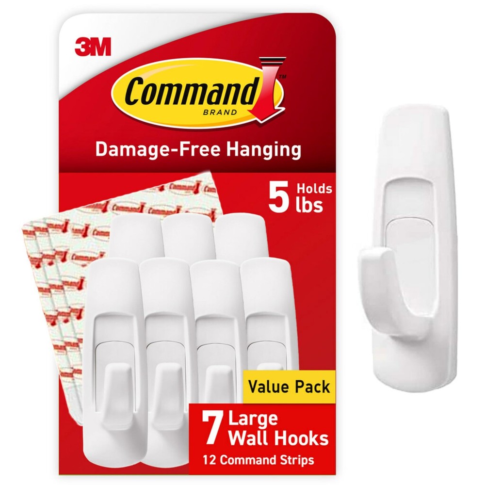 Command 5 lb Large Utility Hooks, 7 Hooks and 12 Strips, Large, White