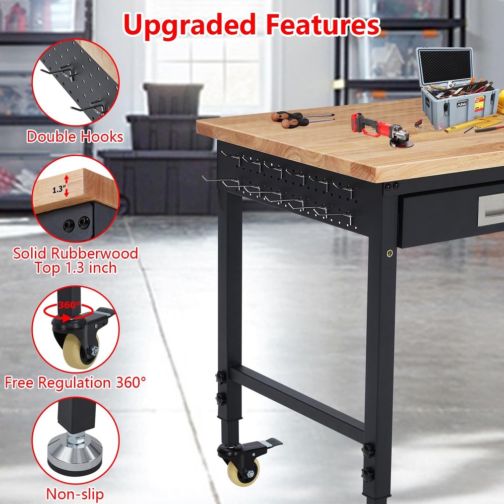 ☑️48" Adjustable Workbench Workstation 2000LB Load Capacity Rubber Wood Top Draw