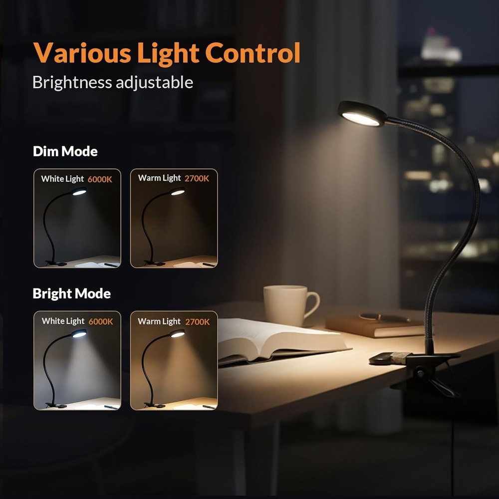Versatile Clip-On LED Desk Lamp - Eye-Friendly Lighting for Reading & Tasks