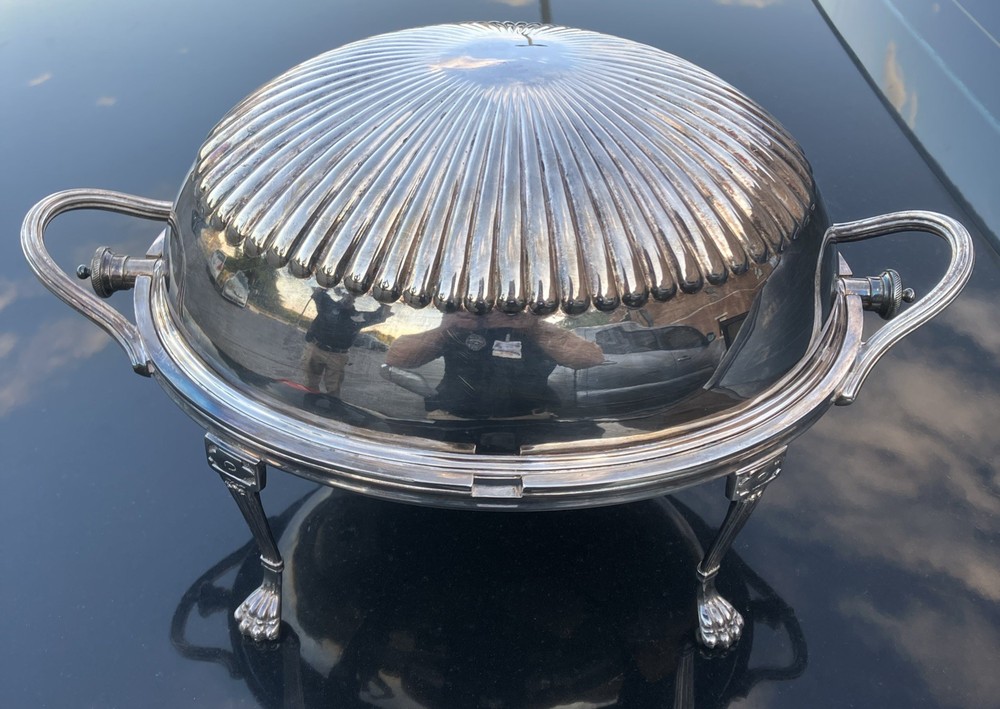 Antique Sheffield Silverplate Revolving Dome Covered Breakfast Server + Inserts
