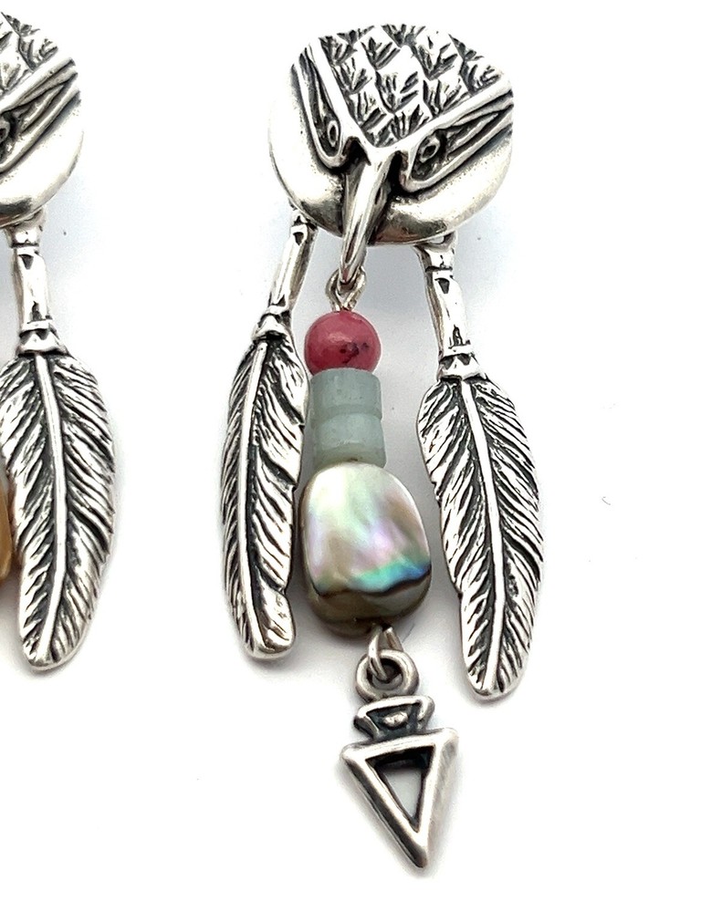 Designer Signed Eagle Raven Dangle Gemstone Feather Earrings 925 Sterling Silver