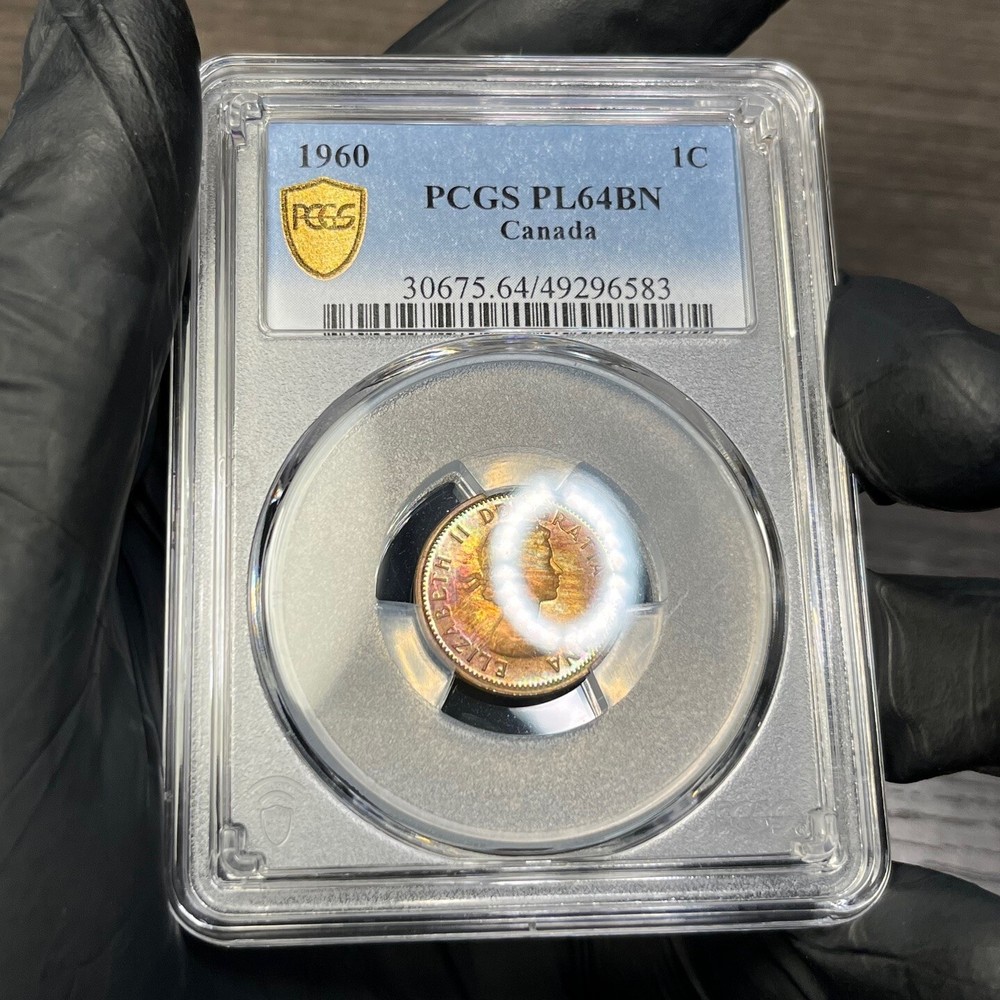 PL64BN 1960 1C Canada Maple Leaf Proof Cent, PCGS Trueview- Rainbow Toned