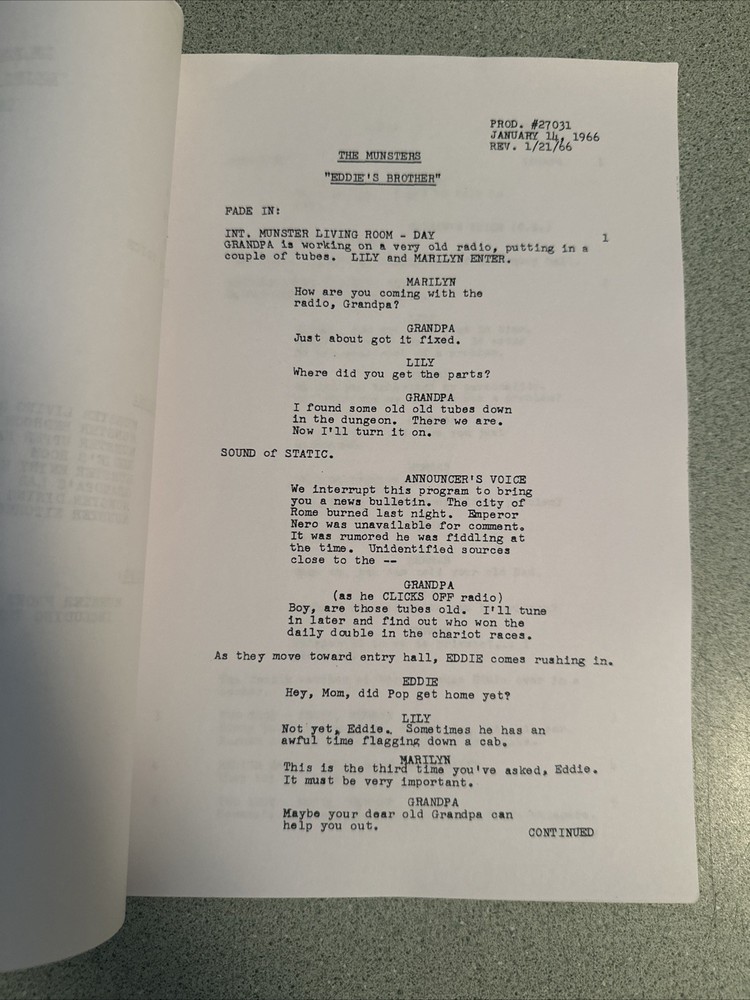 1966 THE MUNSTERS Screenplay TV Show Script SIGNED by Butch Patrick Eddie
