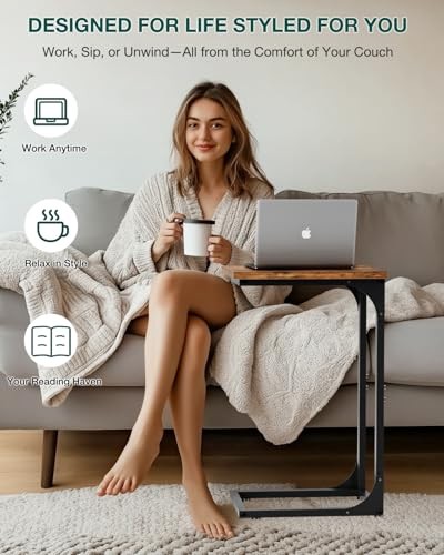 C-Shaped Side Table for Couch - Small 1-Pack Rustic Brown Without Power Outlets