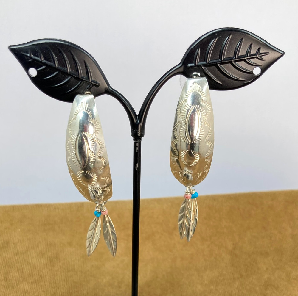 925 Sterling Silver Southwest Dangle Drop Post Earrings ~ Stampwork ~ 3" x .75"