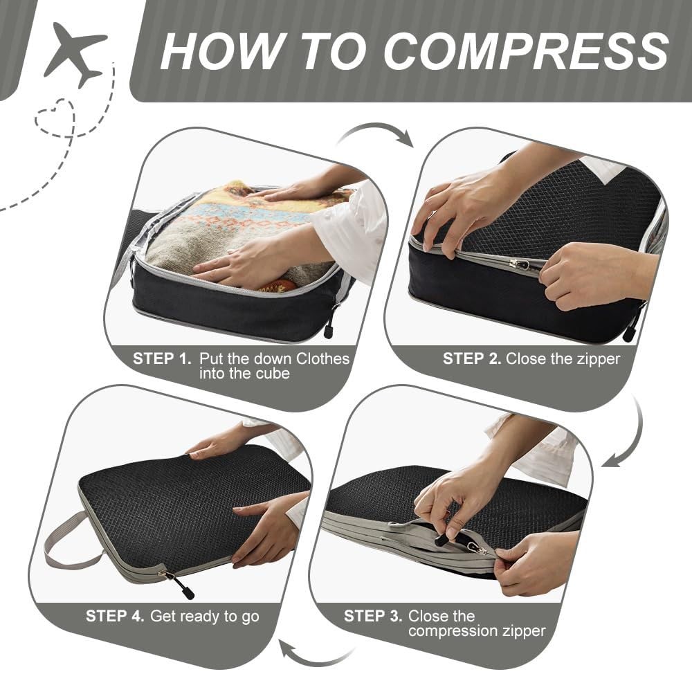 3 Set Compression Packing Cubes with Handle Travel Essential for Suitcases Ny...