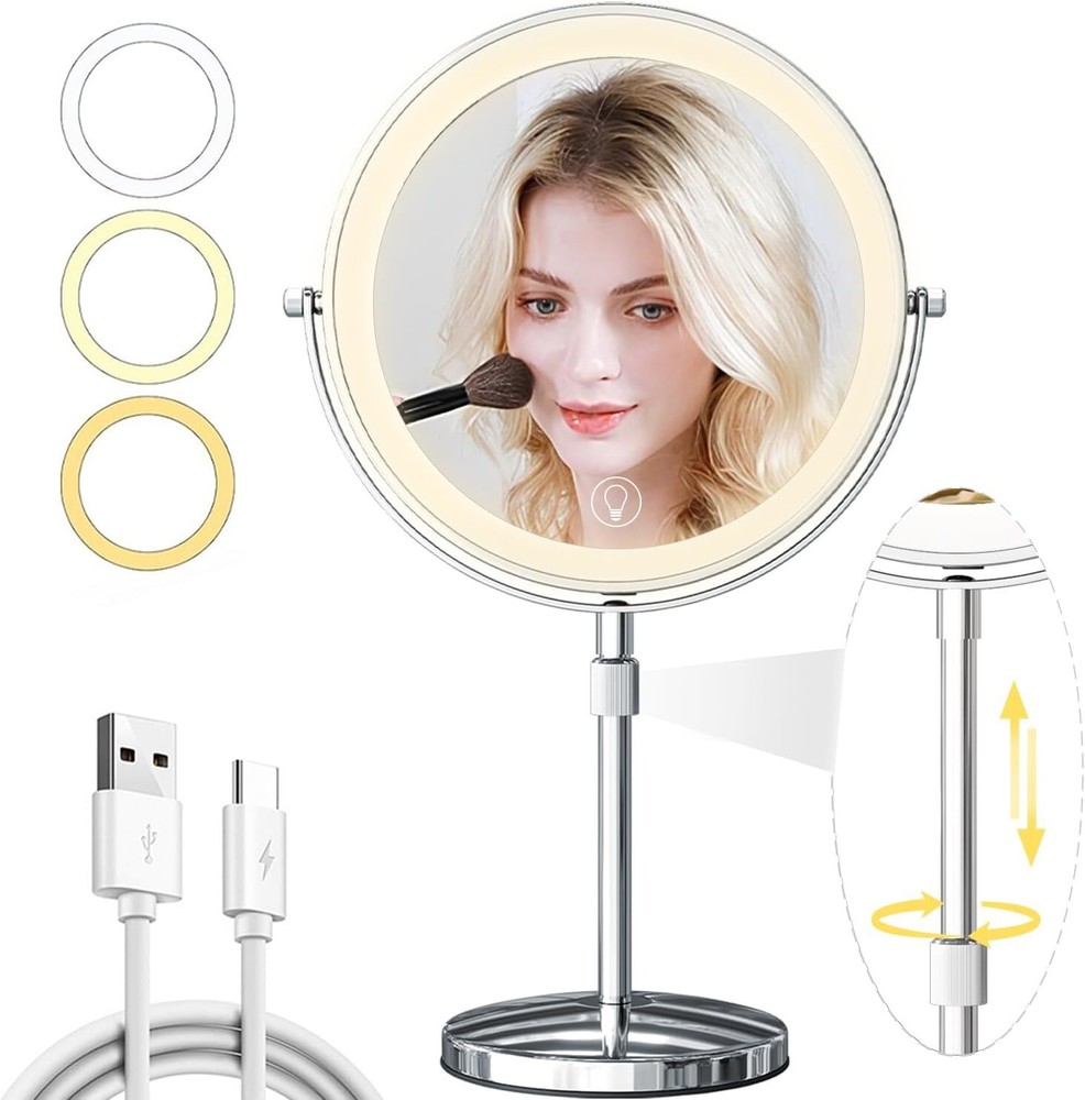 9in Vanity Mirror with Lights, Rechargeable 5000mAh Lighted Makeup Silvery