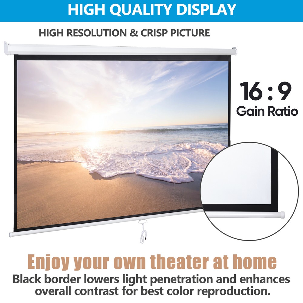 16:9 Manual Projection Screen Pull Down HD Movie Projector 100" Auto Lock