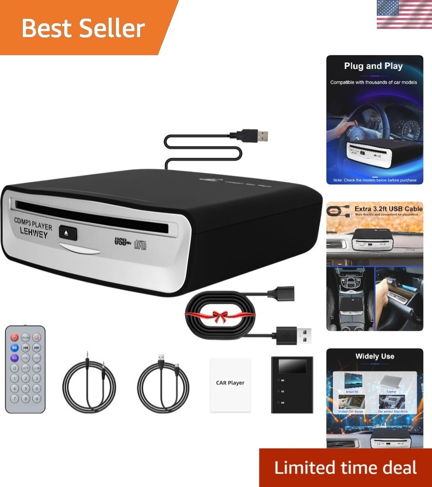 Universal External CD Player for Car with Remote Control & USB Extension Cable