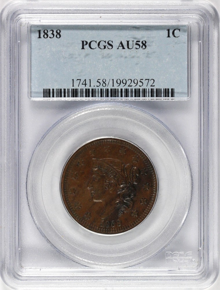 1838 1c Matron Head Large Cent PCGS AU 58