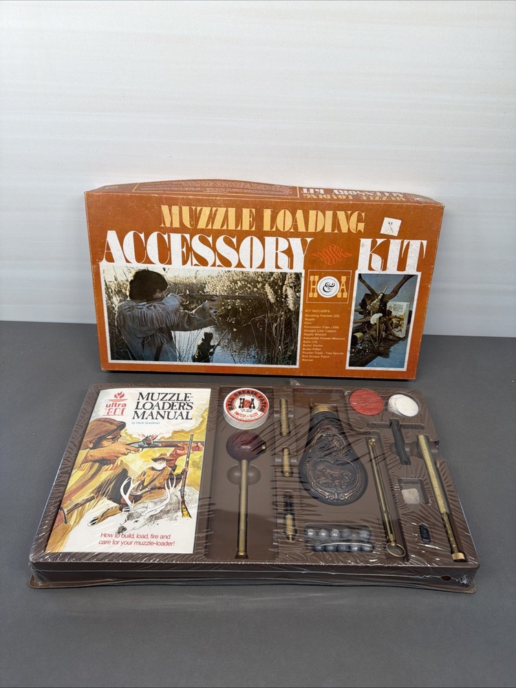 Vintage Sealed H&A Muzzle Loading Accessory Kit W/ Embossed Gun Power Flask Ms4