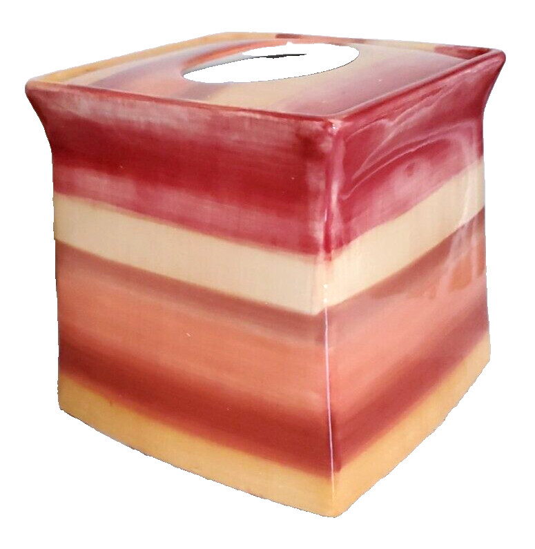 TISSUE BOX COVER CERAMIC HORIZON STRIPES 6X6X6"