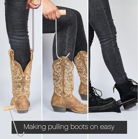 3 Pieces Cowboy Boot Hooks Long Shoes Pull and Boot Puller Set with Long Handle
