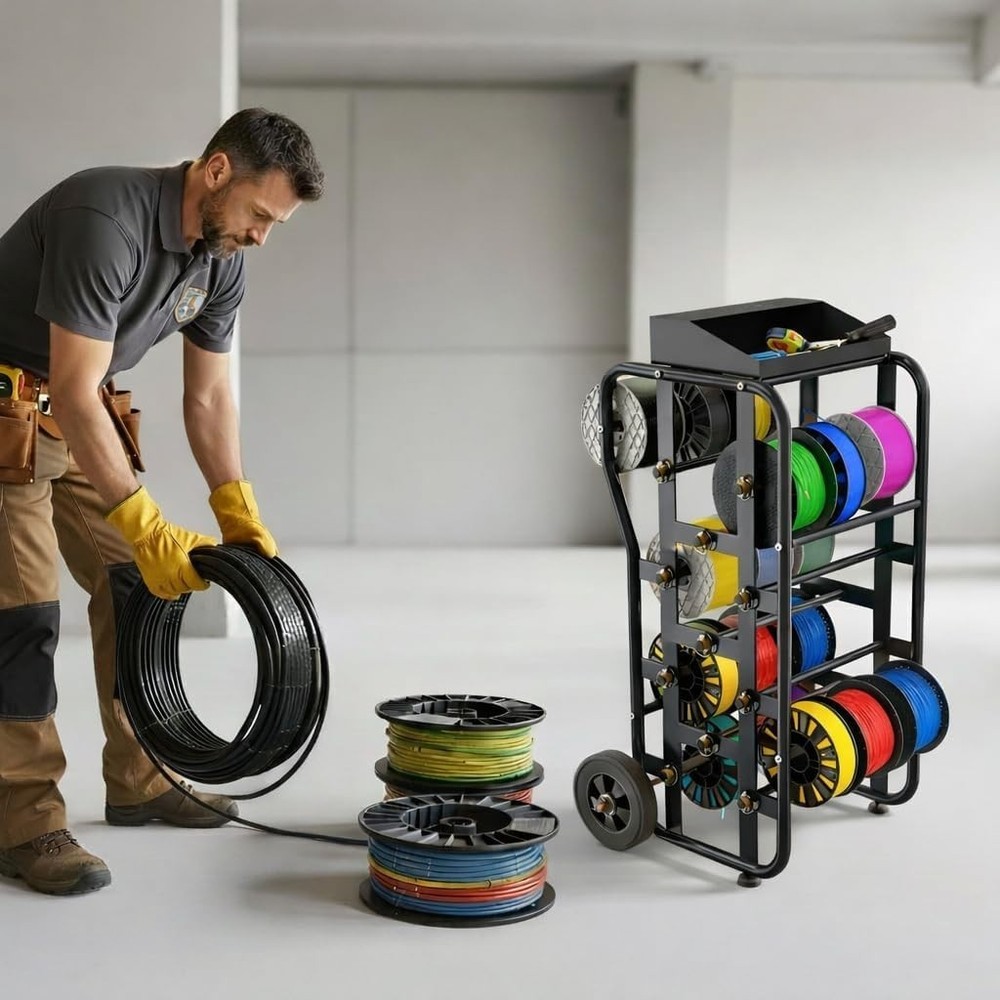 Wire Spool Rack with Wheels, Heavy Duty Cable Caddy & Wire Dispenser Organize...