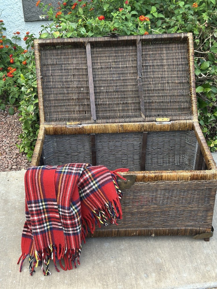 Antique Wicker Blanket Chest c1905 Cane Trunk Brass Hardware