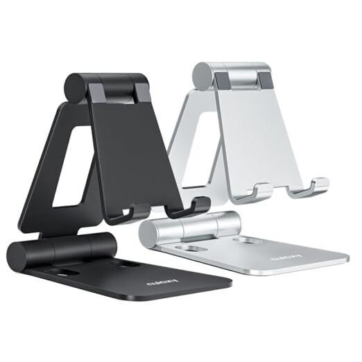2 Pack Dual Folding Cell Phone Stand, Fully Adjustable A-Black & Silver
