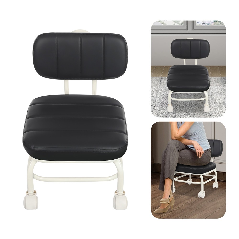 Black Low Rolling Stool, Roller Seat w/Universal Swivel Caster Wheels & Backrest