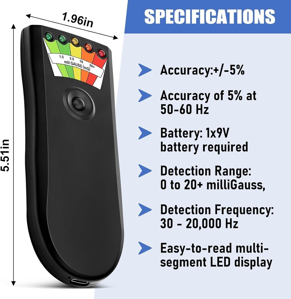 Compact Portable EMF Meter - 5 Level LED Display for Electromagnetic Safety