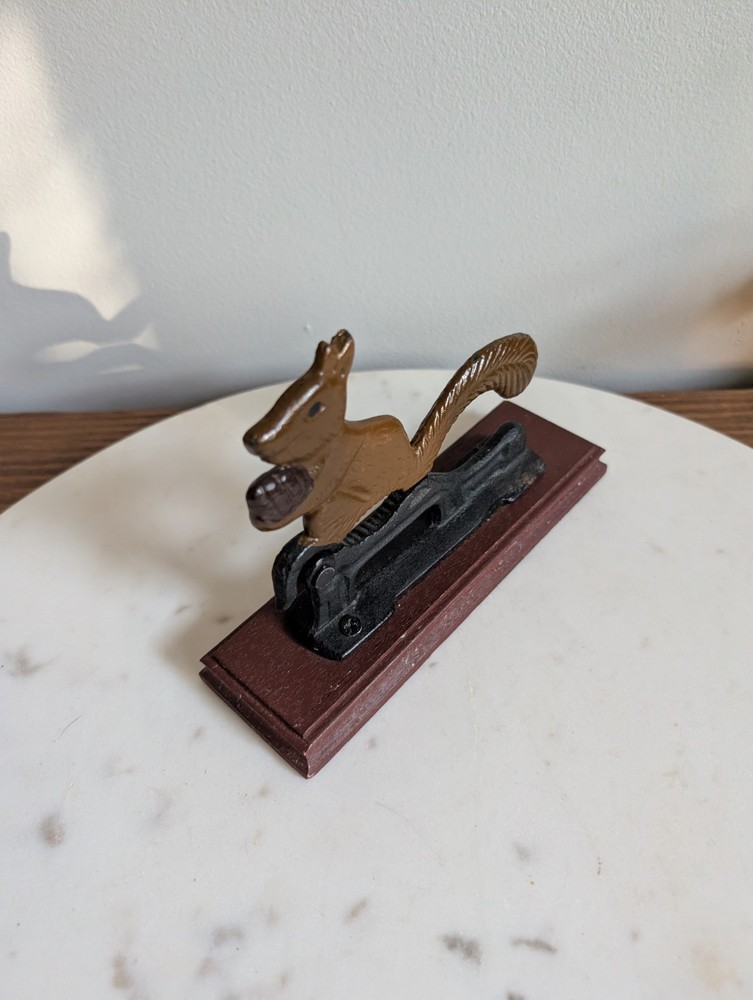 Vintage Squirrel Metal Nutcracker Wood Base Hand Painted