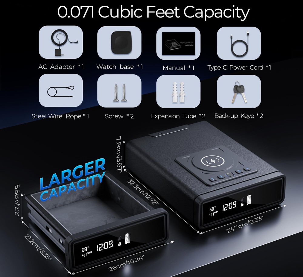 ORARAER Biometric Safe with Wireless Charging Phone, 3 Access Methods to Unlock