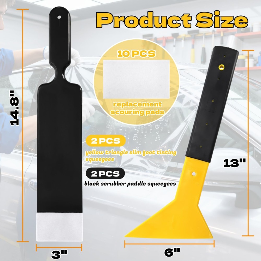 4 Pieces Window Tint Tools, Long Handle Bulldozer Squeegee Scrubber Paddle Sq...