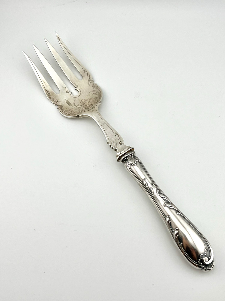 Antique  J SCHUMACHER LARGE Serving Meat Fork  800 SILVER CHASED HANDLE Hallmark
