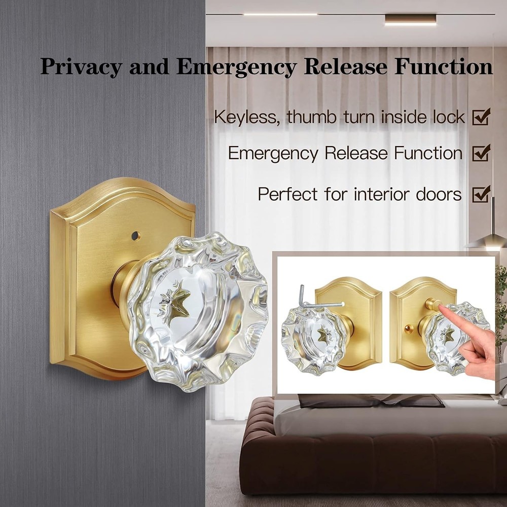 Premium Glass Door Knobs, Bathroom Bedroom Door Knobs with Lock, Privacy Gold Do