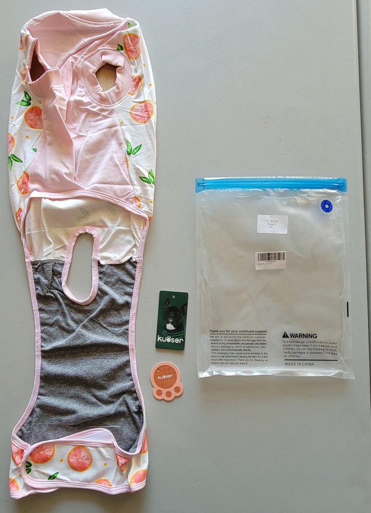 Kuoser Dog Recovery Suit Large Peach Grapefruit Pattern White Open Box