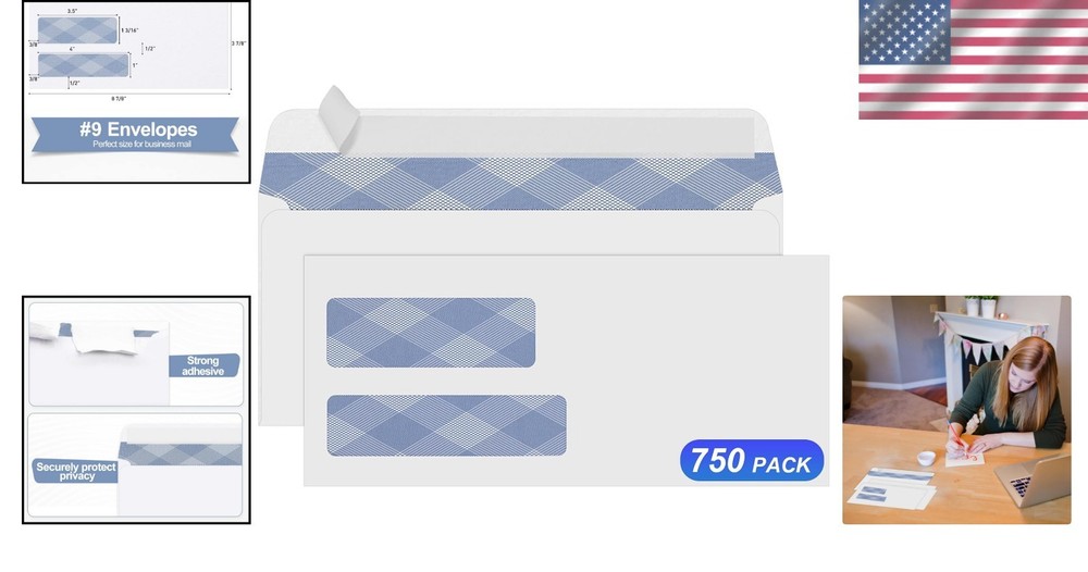 Secure and Private NO.9 Double Window Envelopes - 750 Self-Seal for Easy Mailing