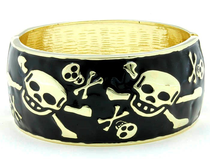 Gothic Punk Biker Hinged Bangle Bracelet Gold with White Skulls