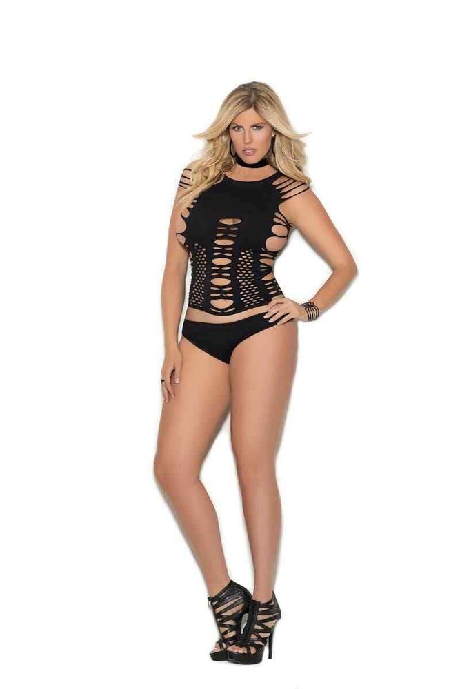Plus Size Black Cut-out Opaque Cami & Thong