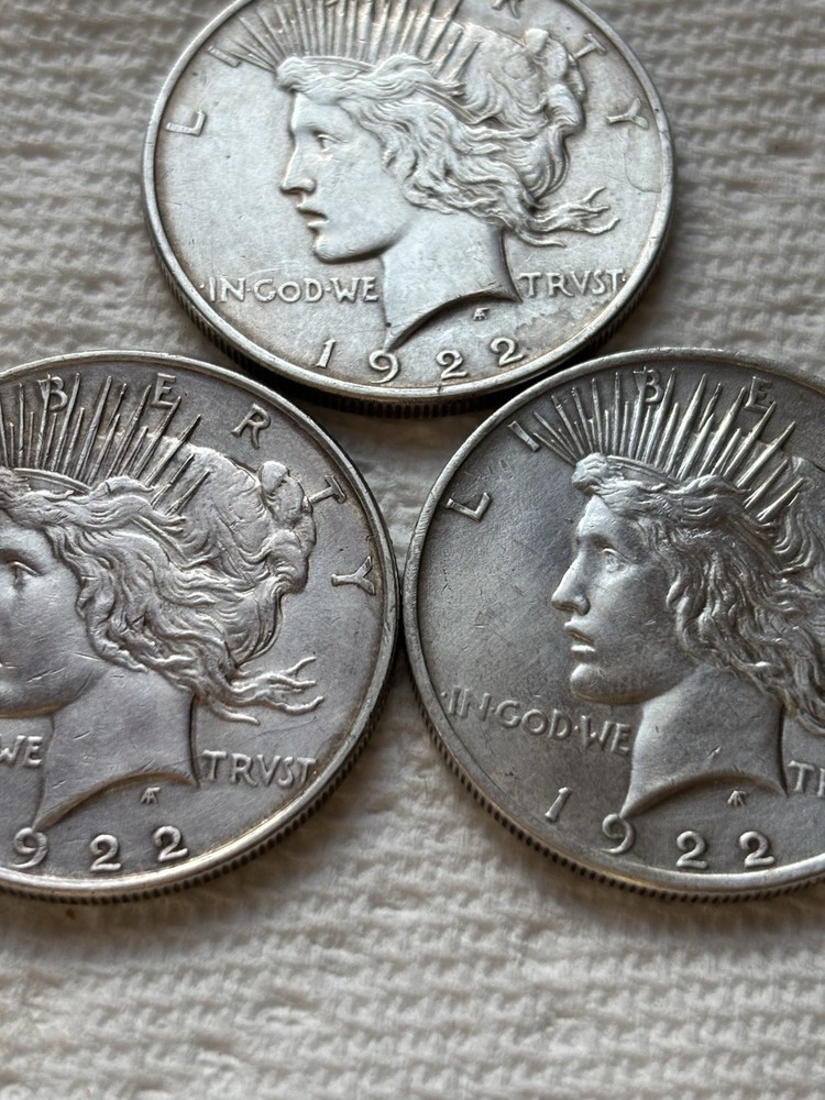 3 1922 Peace Dollar $1 Silver Coins