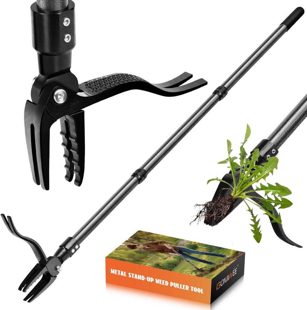 Steel Stand-Up Weed Puller Tool - 45" Long Handle with 4-Claw Head