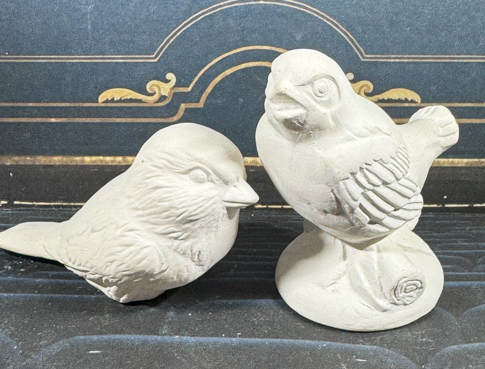 Small Bird on a Log & chickadee Figurines-Unpainted Ceramic Bisque