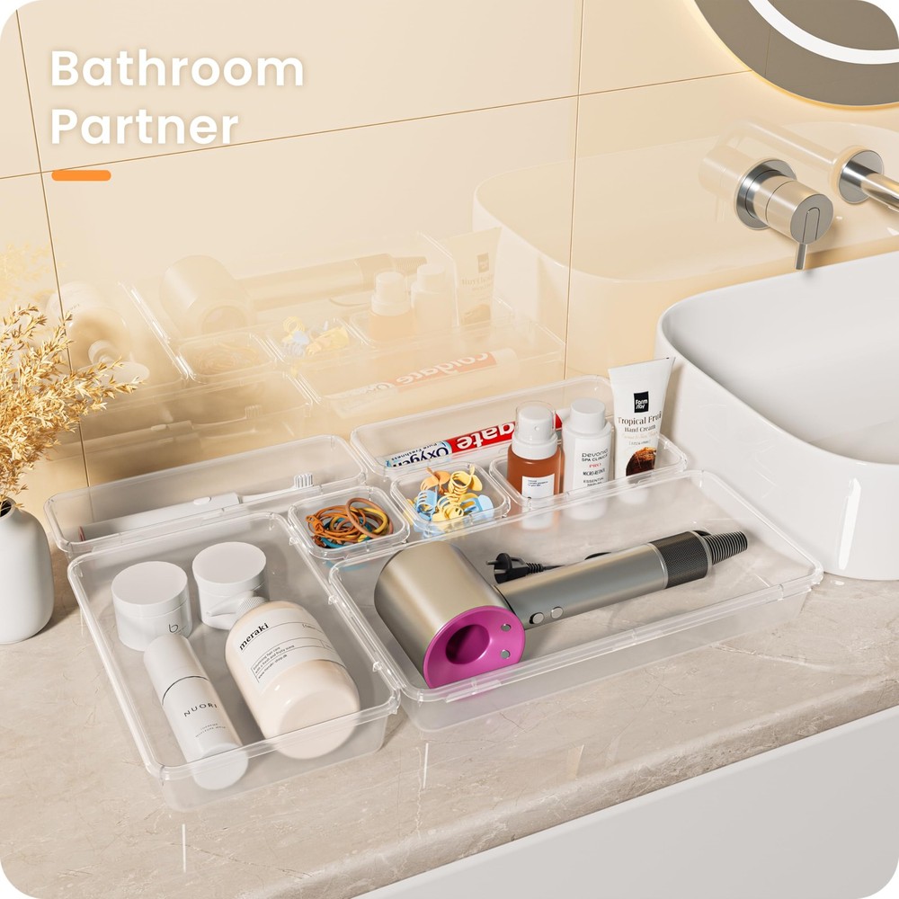 46PCS Clear Drawer Organizer - Makeup, Bathroom, Vanity & Kitchen Storage