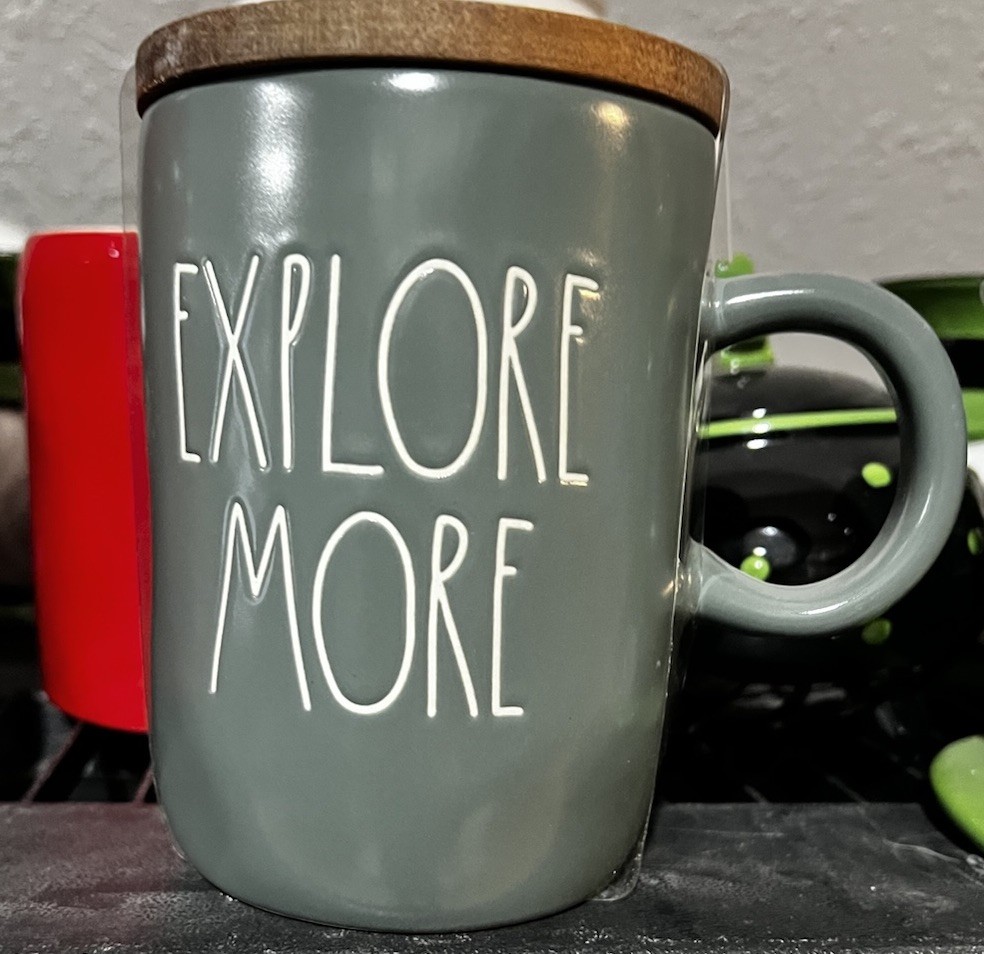 Rae Dunn Explore More Wood Top Tall Mug NWT