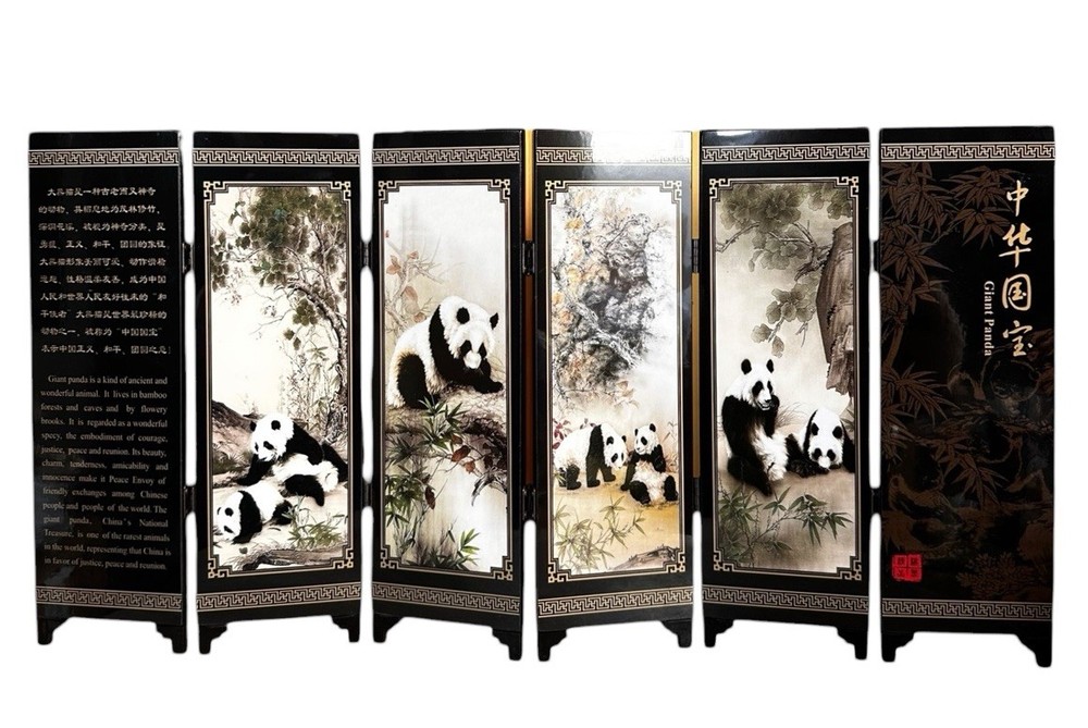 Chinese Panda Mini Folding Screen Black Lacquer Tabletop Art Boxed