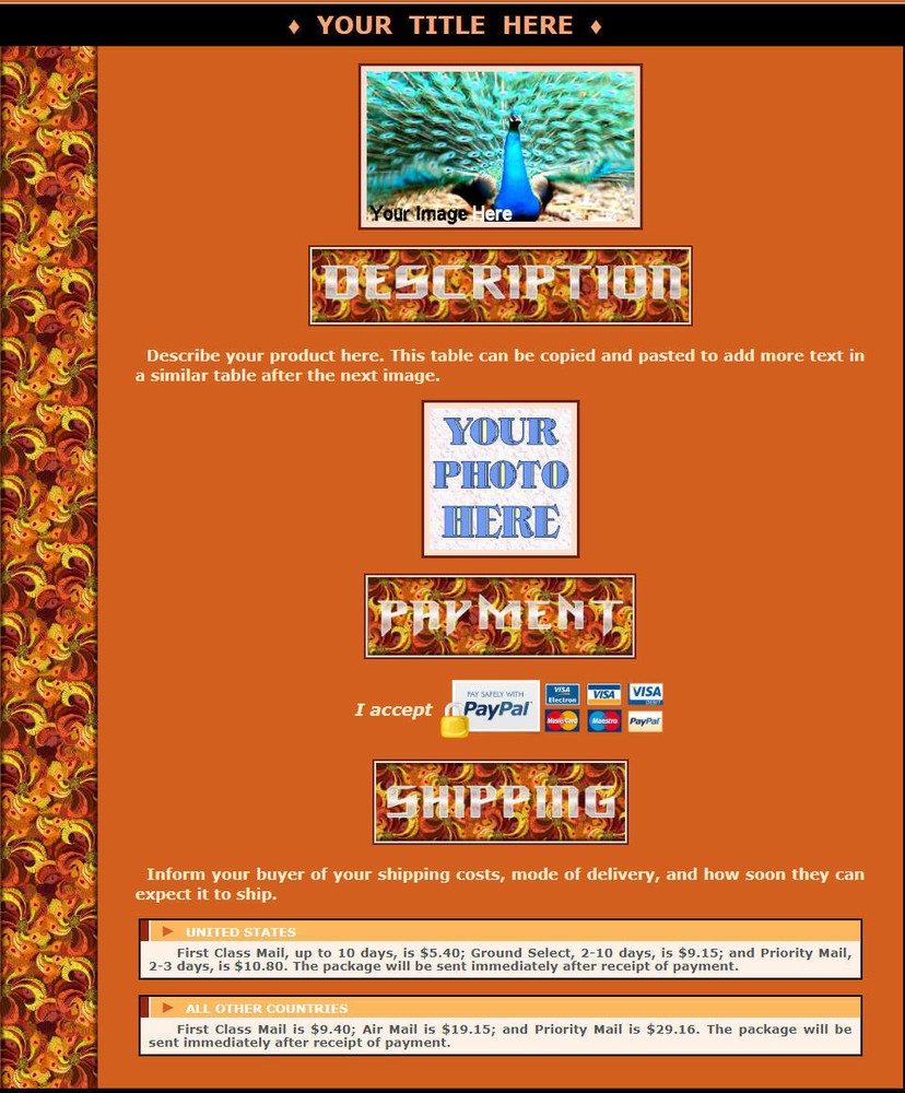 AUCTION TEMPLATE Peacock Orange Column Design - FREE Shipping