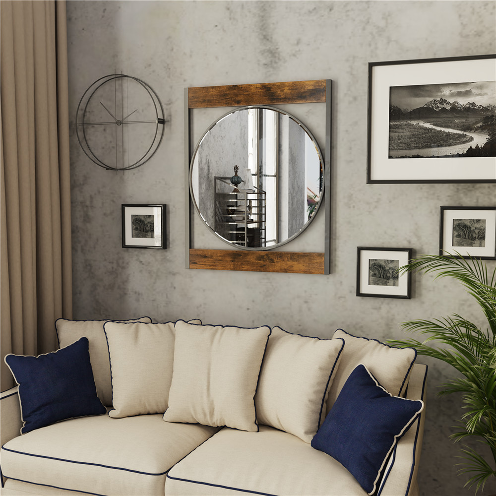 Rustic Farmhouse Black Metal & Solid Wood Frame Accent Mirror Decorative Mirrors
