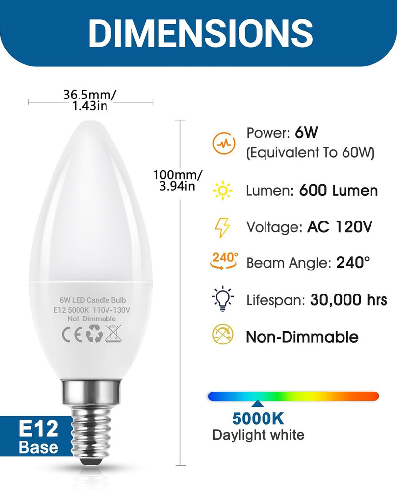 E12 LED Candelabra Light Bulbs 60 Watt Equivalent, 5000K Daylight White Type B L