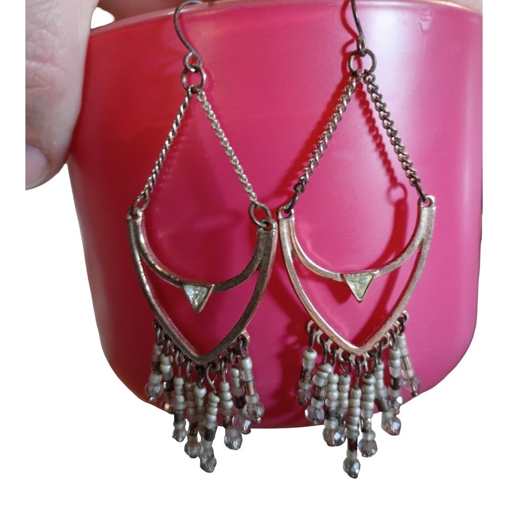 Boho Silver-Tone Dangle Earrings with White Bead Fringe