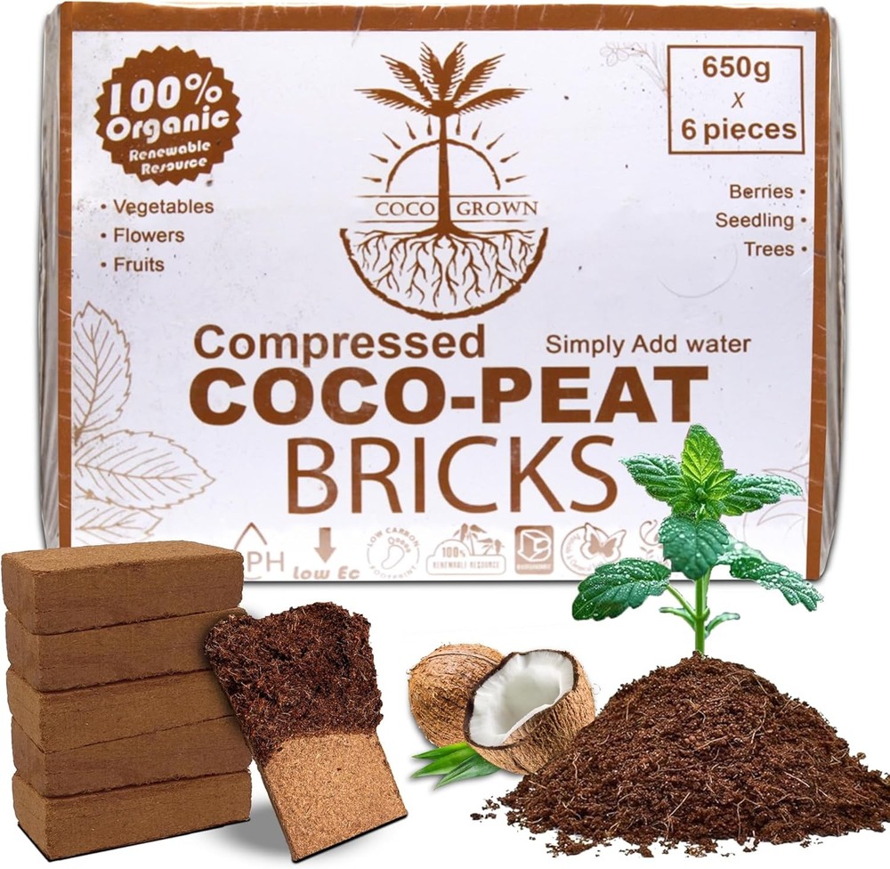 Compressed Coco Coir Bricks – 100% Organic, 650g x 6 Bricks – Expands to 8L